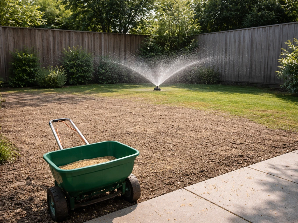 Nederlandse achtertuin met net ingezaaid gazon, een strooiwagen en beregening voor gras zaaien en kunstmest