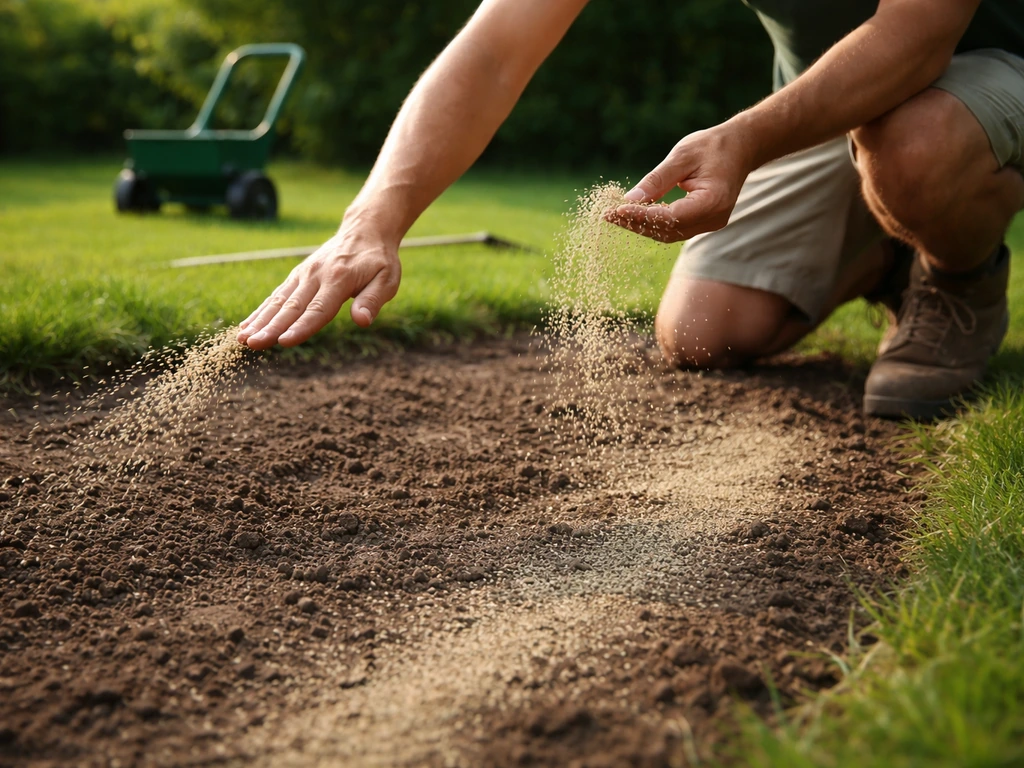 Tuinman zaait gazon met de hand: zaad in twee richtingen verdelen op een kale grasstrook