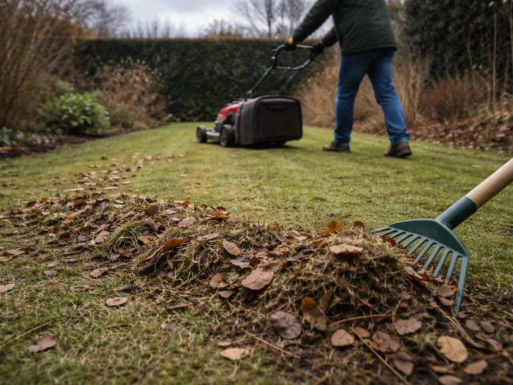 Handen die in november een grasveld maaien en zichtbaar maaisel/bladresten verwijderen.