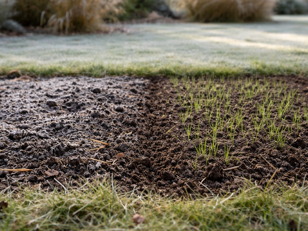 Twee kleine tuinplekken: één met net ontkiemd gras, één met bevroren, bruine grond in november