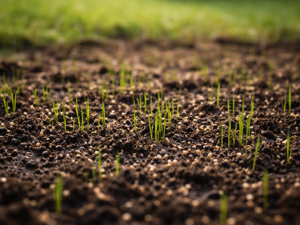 Vers ingezaaid gras met vochtige grond en jonge sprieten in Nederland, close-up in daglicht.