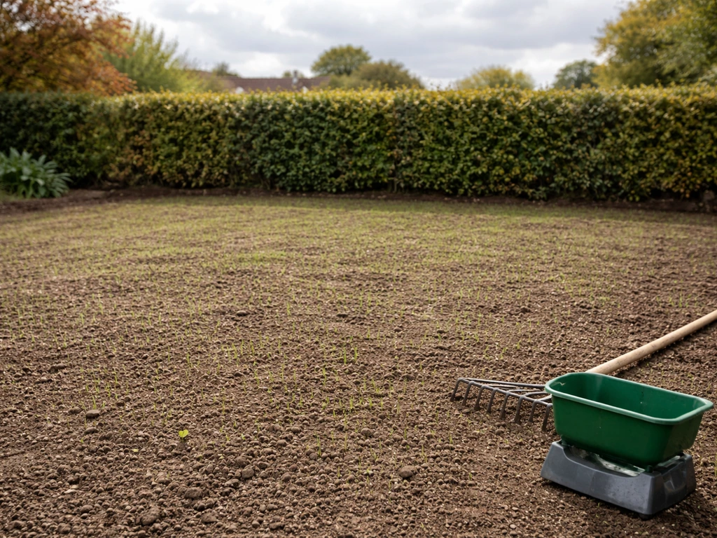 Groen grasveld in opbouw met jonge graszaailingen, tuingereedschap en lichte voorjaars-/najaarsfeer