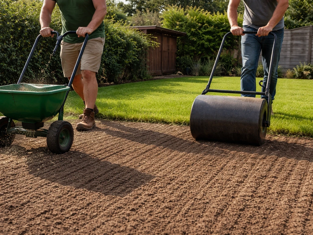 Iemand strooit graszaad gelijkmatig met een strooiwagen op een gazon en rolt daarna met een wals.