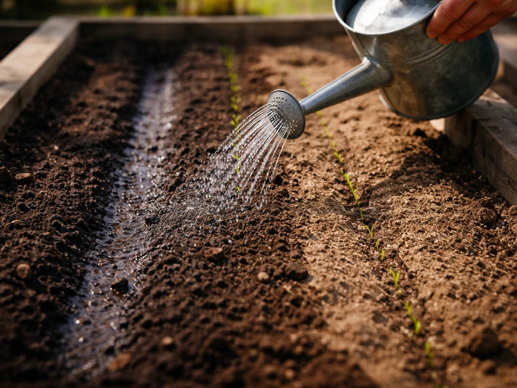 Anonieme tuinier besproeit een zaaitje in een nette moestuin; eerst veel water, daarna minder passend bij kiemfase.