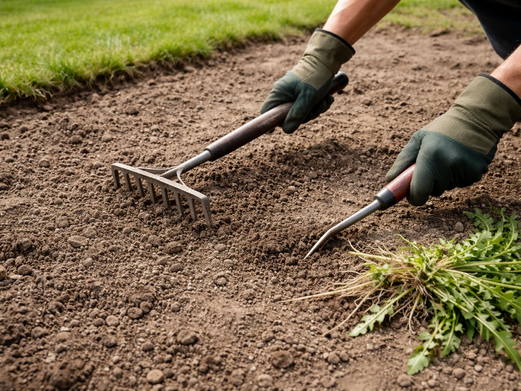 Tuinier weghalen van onkruid en losmaken van droge grasgrond met hark, klaarmaken voor egaliseren en bemesten