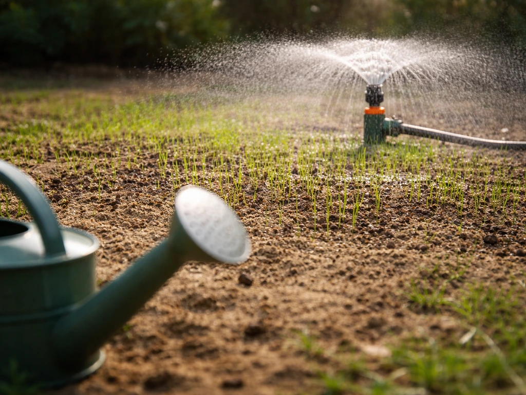 Vers groen graszaad dat net opkomt terwijl een sproeier/irrigatieset voorzichtig water geeft op droge aarde.