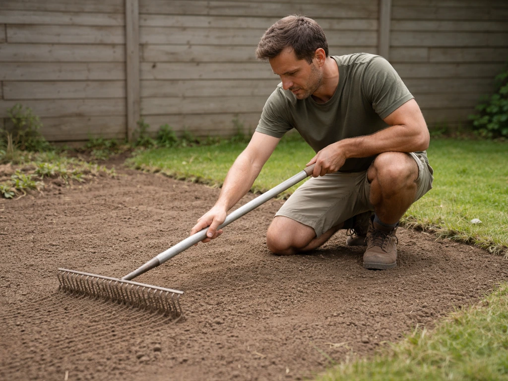 Knieende persoon egaliseert de tuinbodem met een hark; zichtbaar vlakke ondergrond en opgeschoonde resten.