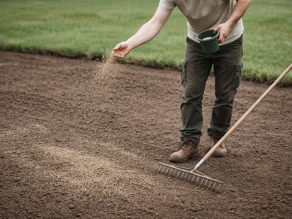 Iemand strooit graszaad uit op een voorbereide tuinstrook en werkt het licht in met een hark.