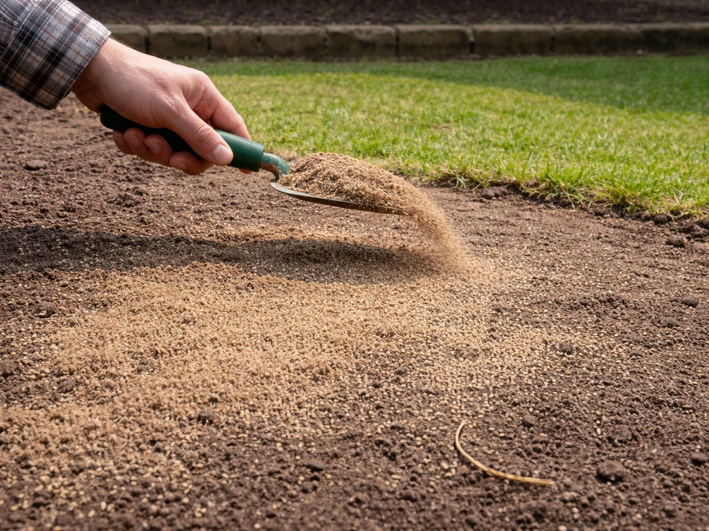 Tuinier die graszaad afdekt met een dunne laag tuinturfmulch of zaadafdekzand op een ingezaaid gazon