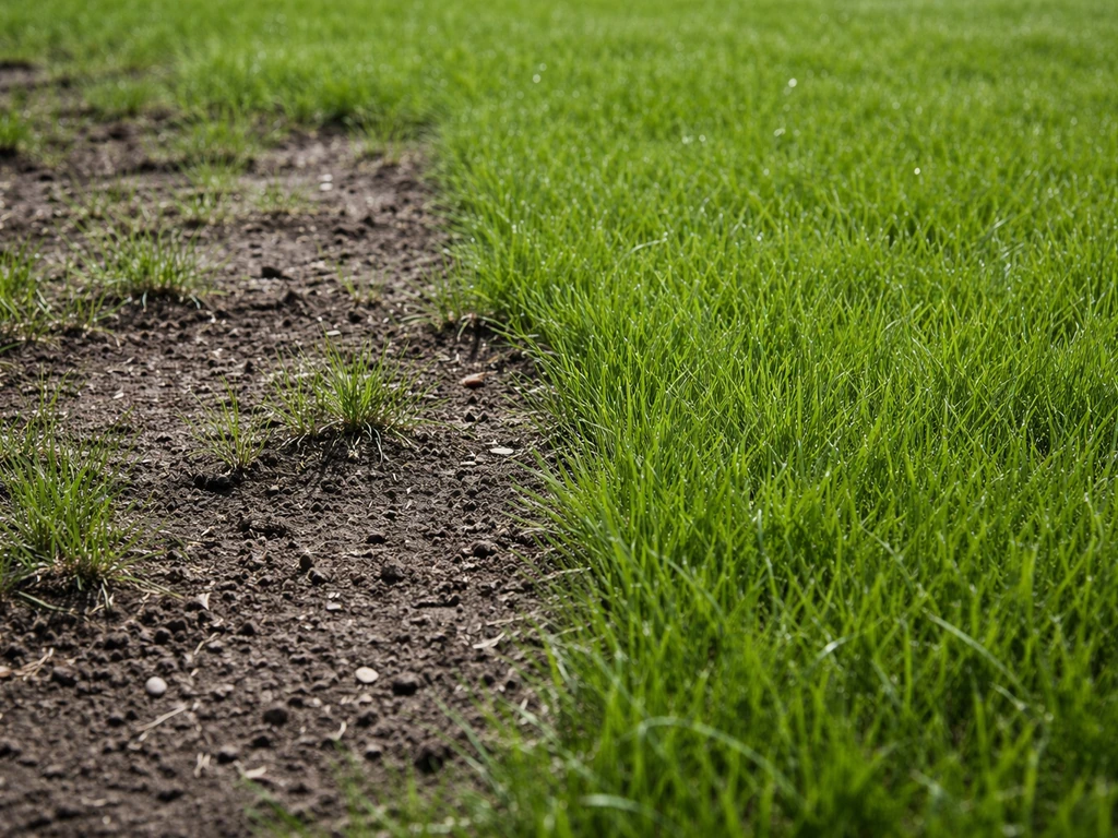 Deel van een nieuw gazon met kale/dunne plekken naast beter opgekomen gras, natuurlijke uitstraling