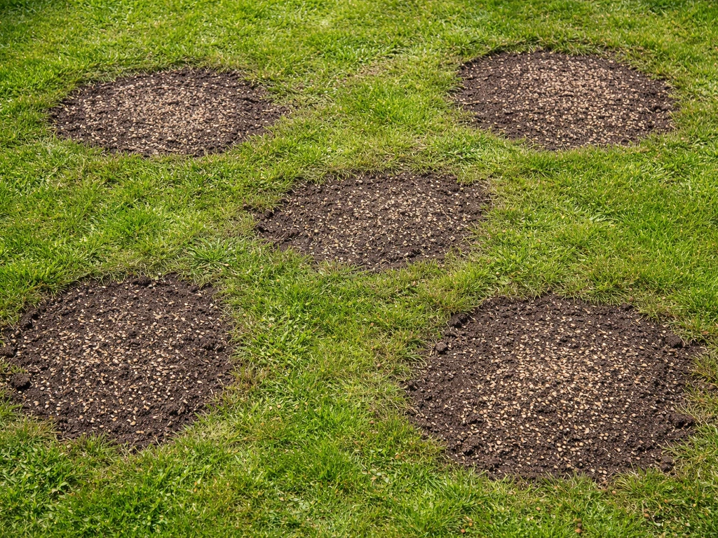 Bovenaanzicht van een gazon met kale plekken waar vers graszaad is ingezaaid en net een nieuwe toplaag ligt.