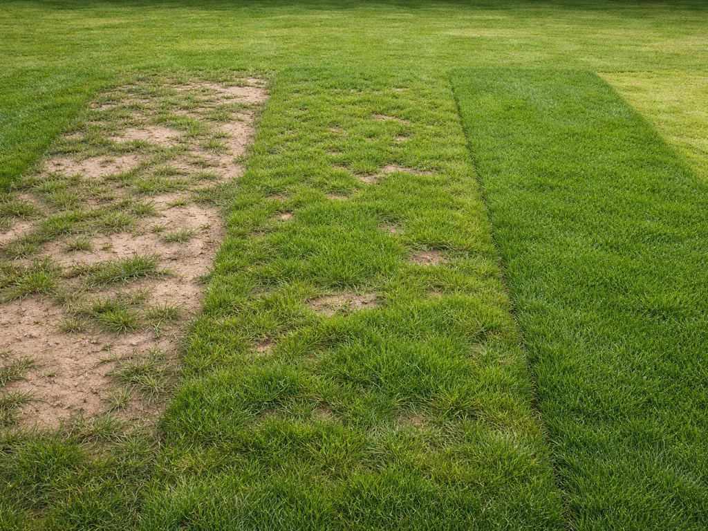 Minimalistische foto van drie gazonstroken: kale plekken, gedeeltelijk dicht, en volledig vernieuwd gazon na herstel.