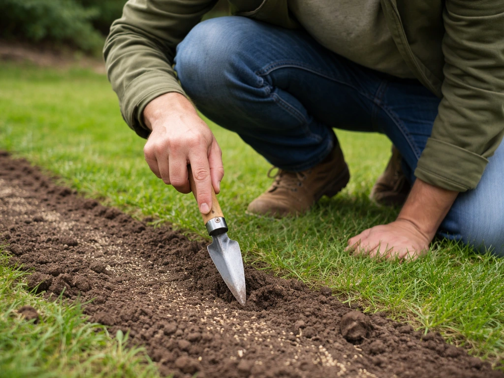 Anonieme tuinier inspecteert de zaailaag met een handspade/tuinpriem in het gazon.