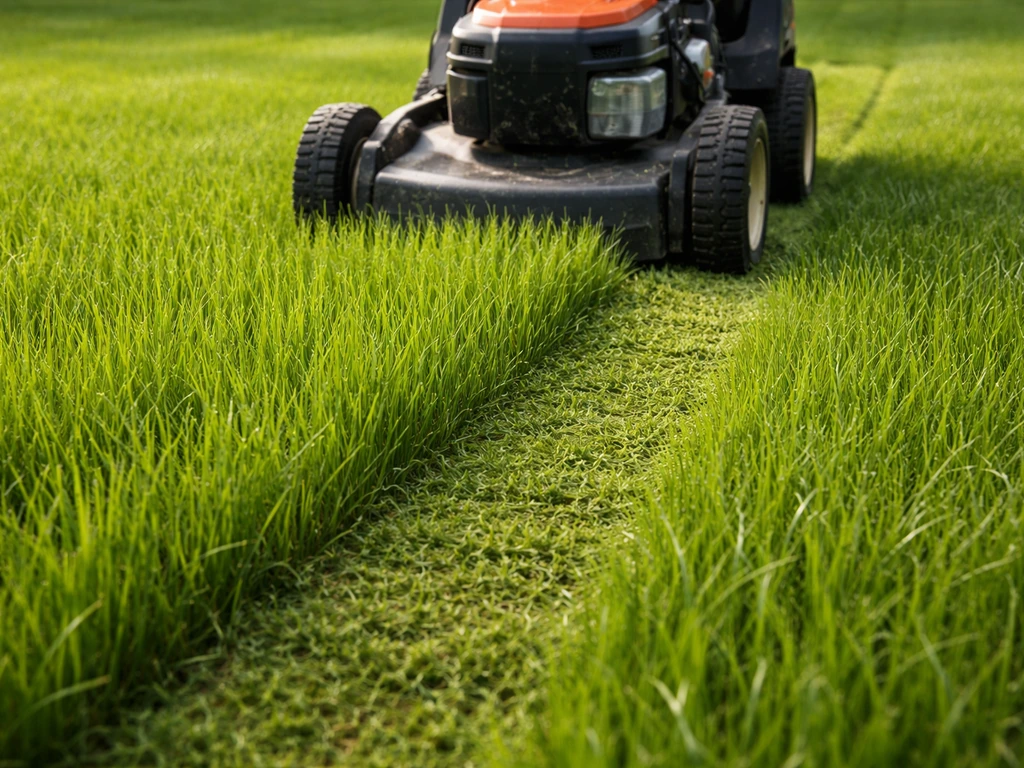 Gazonmaaier maait jong ingezaaid gras op ongeveer 8–10 cm netjes af, met frisse maaisporen.