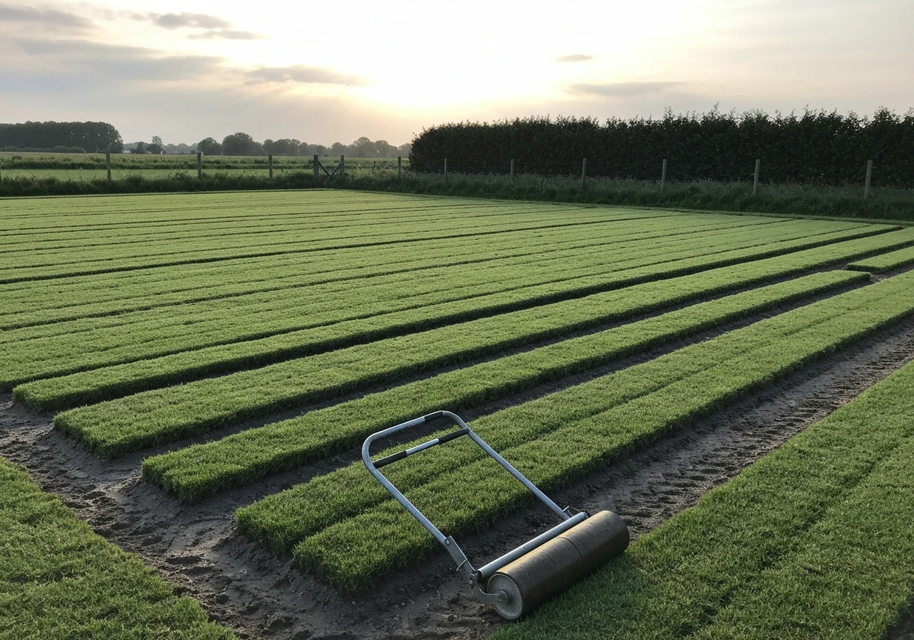 Egaal voorbereid zaaibed op aarde met uitgestrooid graszaad, hark en zaaidoos in een rustige tuin.