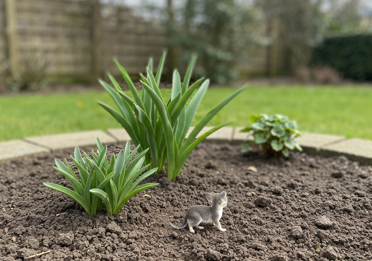Close-up van voorbereide tuingrond met graszaad en tuingereedschap, zacht voorjaarsochtendlicht in een rustige tuin.