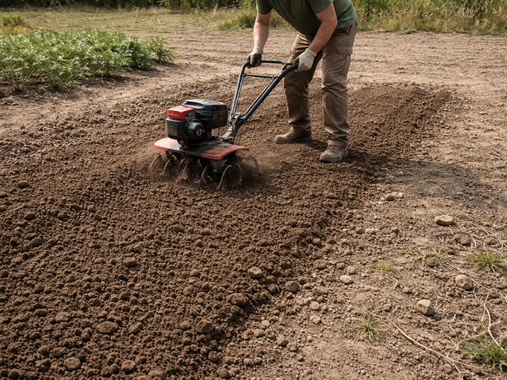Anonieme tuinier freest de aarde los voor een kruimelig, egaal zaaibed in een moestuin.
