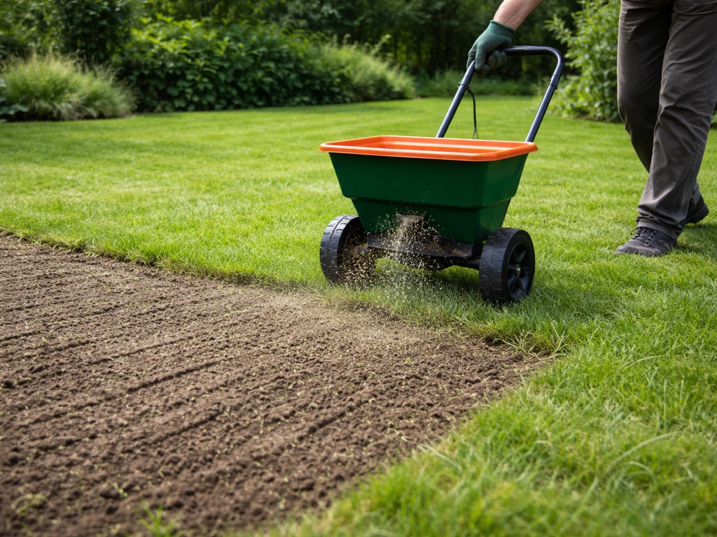 Tuinier gebruikt een strooiwagen om gazonzaad te verdelen, met lichte afwerking langs de perceelrand.