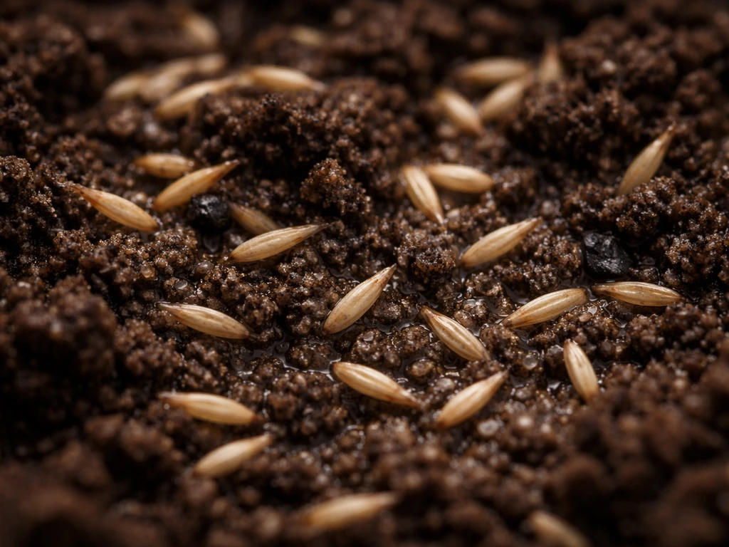 Close-up van graszaadkorrels die in contact komen met vochtige gronddeeltjes na rollen