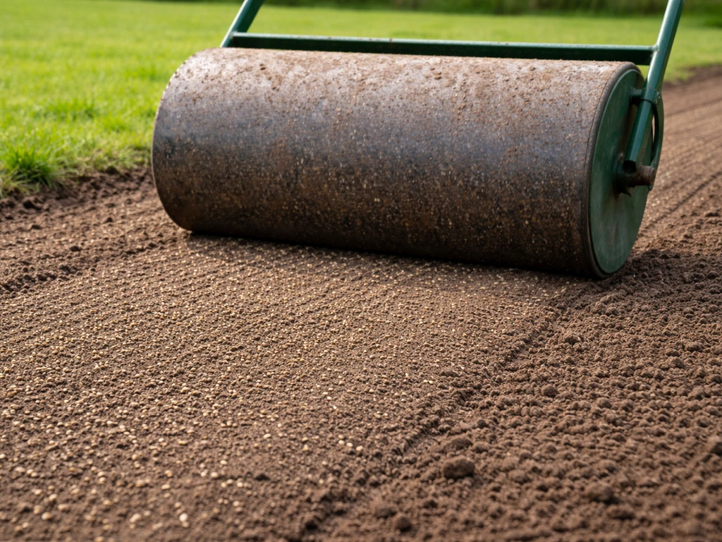 Tuinwals rolt over vers ingezaaid gazon, met licht vochtige grond in het vroege voorjaar