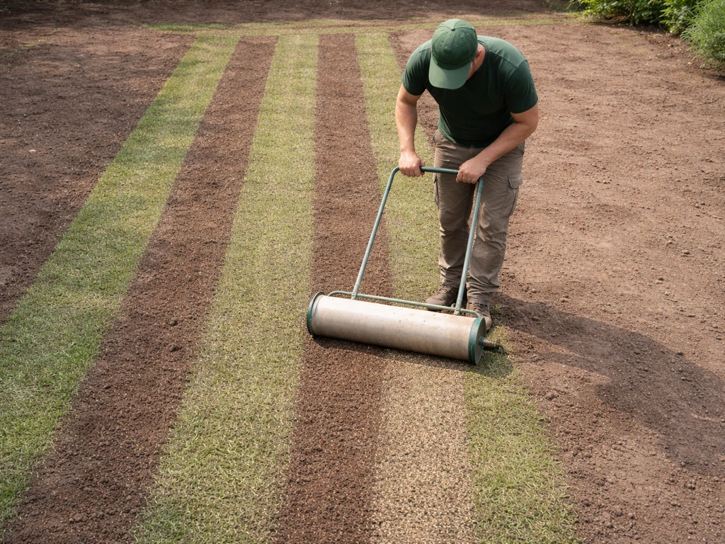 Een tuinoperator rolt zaad in rechte banen; twee stroken overlappen zichtbaar met ongeveer 10–15 cm.