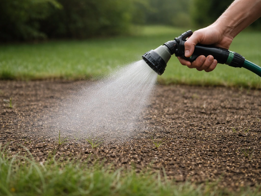 Fijne waternevel uit een sproeikop op vers ingezaaid gazon na het rollen