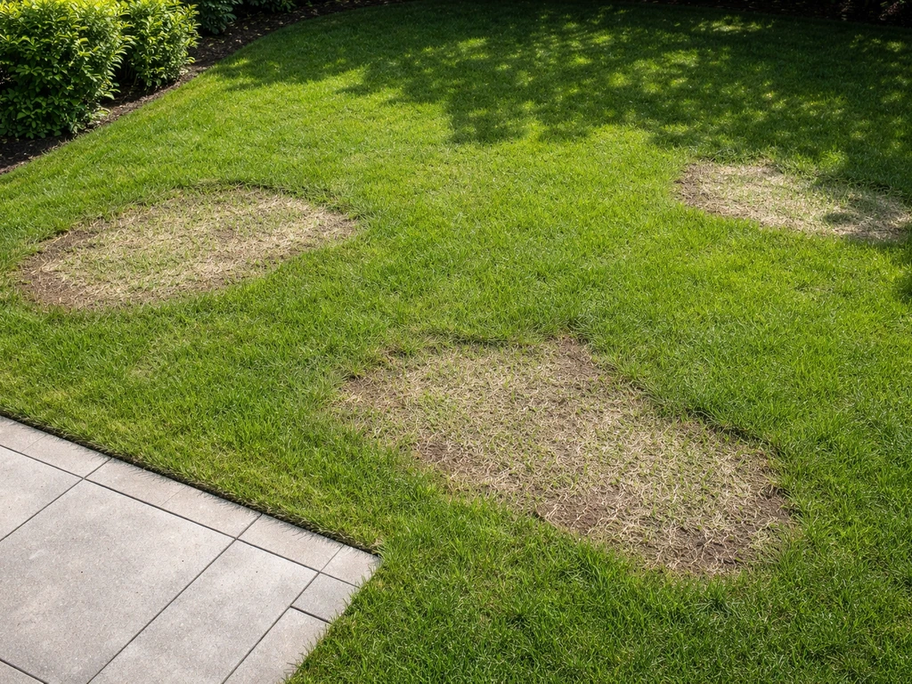 Bovenaanzicht van een Nederlandse achtertuin met kale hondenschade en vers ingezaaide herstelplekken gras.