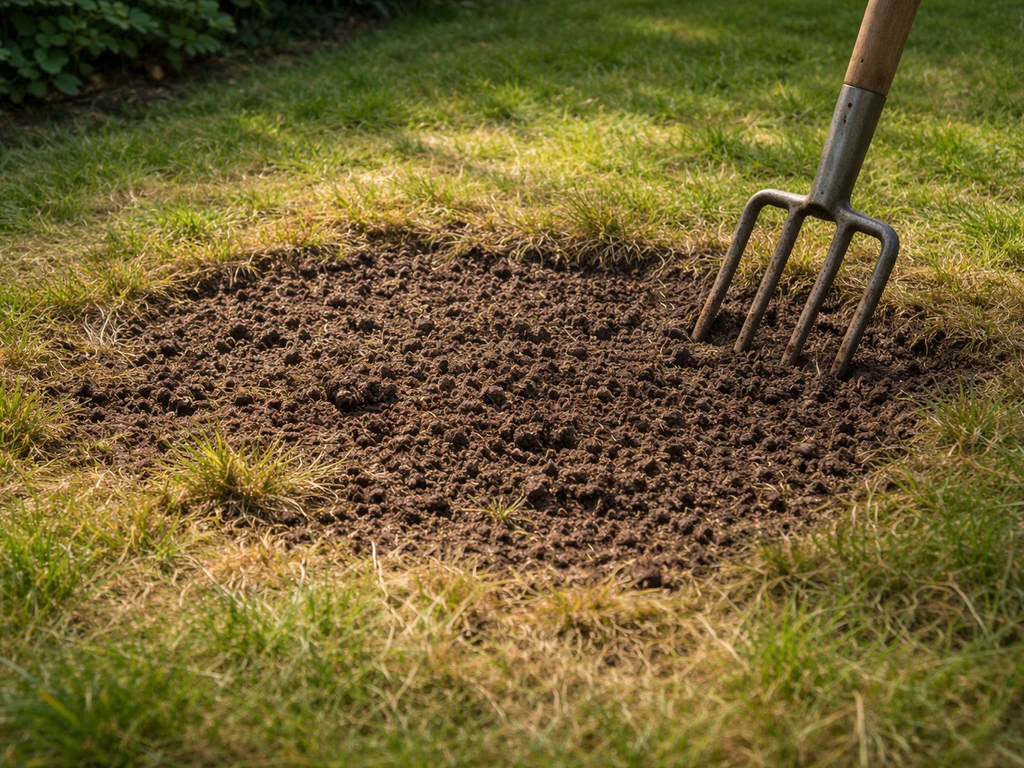 Close-up van een opgeschoonde hondenschadeplek: onkruid verwijderd en grond losgemaakt met tuinvork.