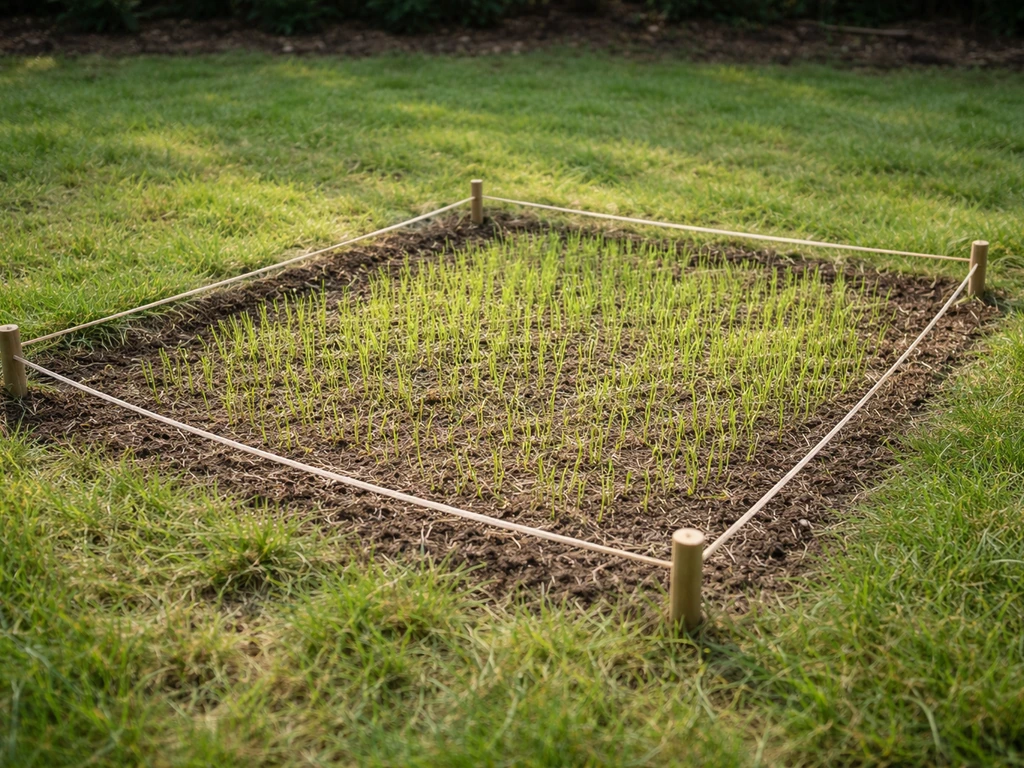 Hervormende, lichtgroene herstelzone met jonge grassprieten in een gazon, geen hond zichtbaar.