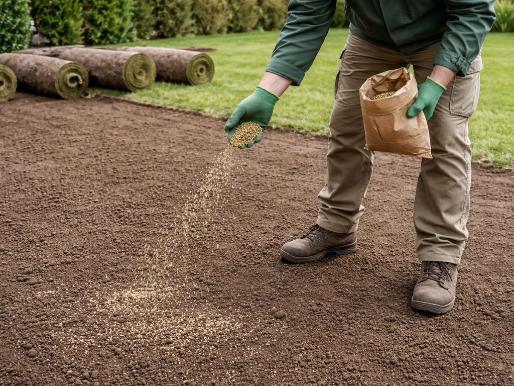 Iemand met handschoenen giet zaadzakken uit in de tuin, met uitgerolde graszoden op de achtergrond als contrast.