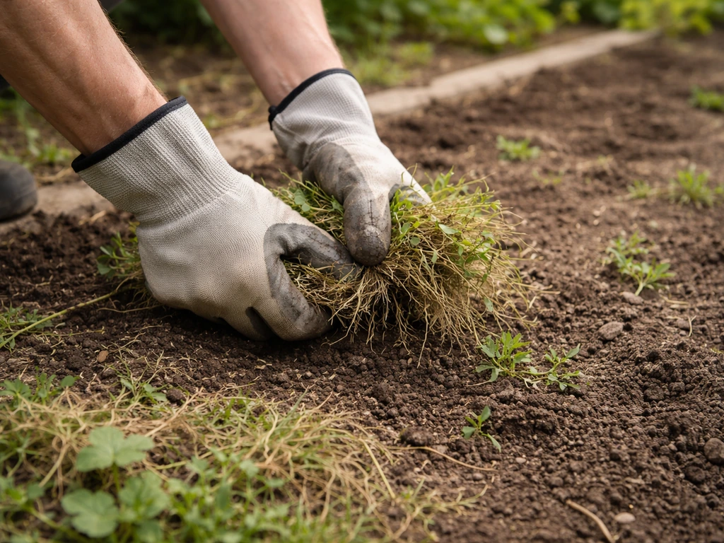 Iemand met handschoenen trekt onkruid en oud gras weg uit een kaal stuk grond voor een nieuw gazon.