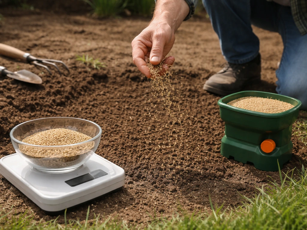 Hand met graszaad en een weegschaal met afgemeten hoeveelheid naast een kleine strook grond voor gelijkmatig uitstrooien