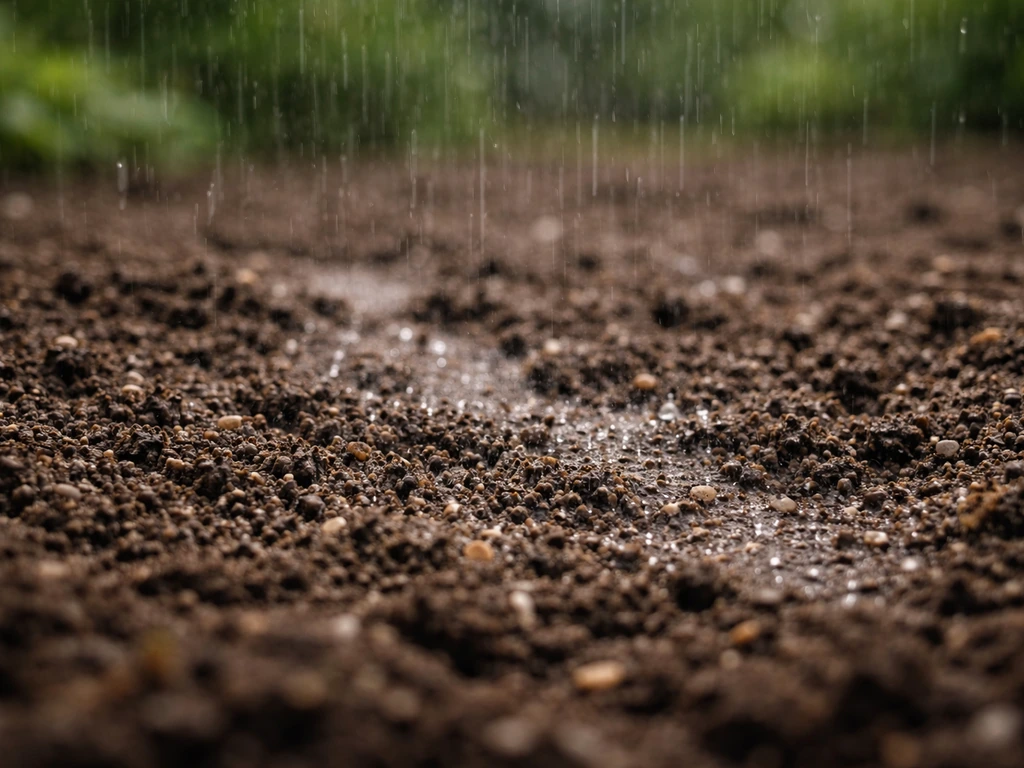 Fijne regen die een zaaibed en grasmat net nat maakt in de tuin, met glinsterende druppels.