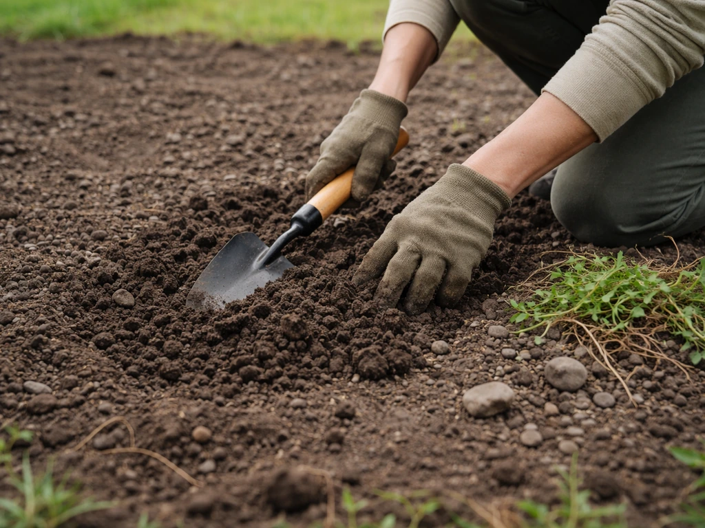 Anonieme handen maken de bovenste tuinbodem 5–10 cm los, met onkruid en stenen verwijderd.