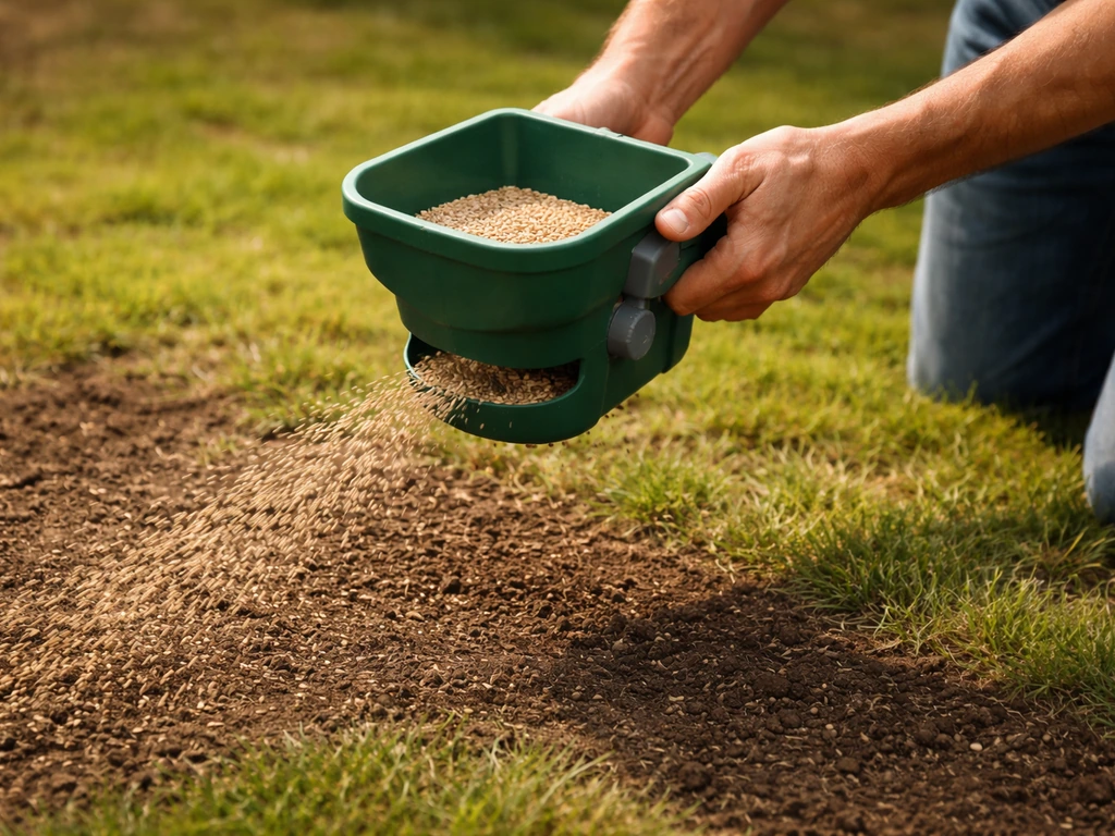 Handen die graszaad gelijkmatig uitstrooien met een handzaaier op vochtige grond.