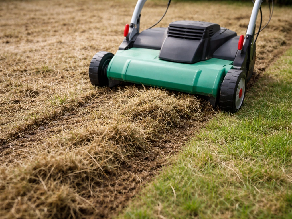 Verticuteermachine maakt vilt en dood gras los op een grasmat in de tuin