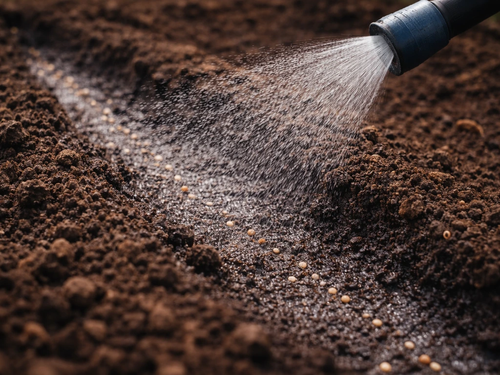 Fijne sproeier mist water over ingezaaide grond, zodat het kiembed constant vochtig blijft