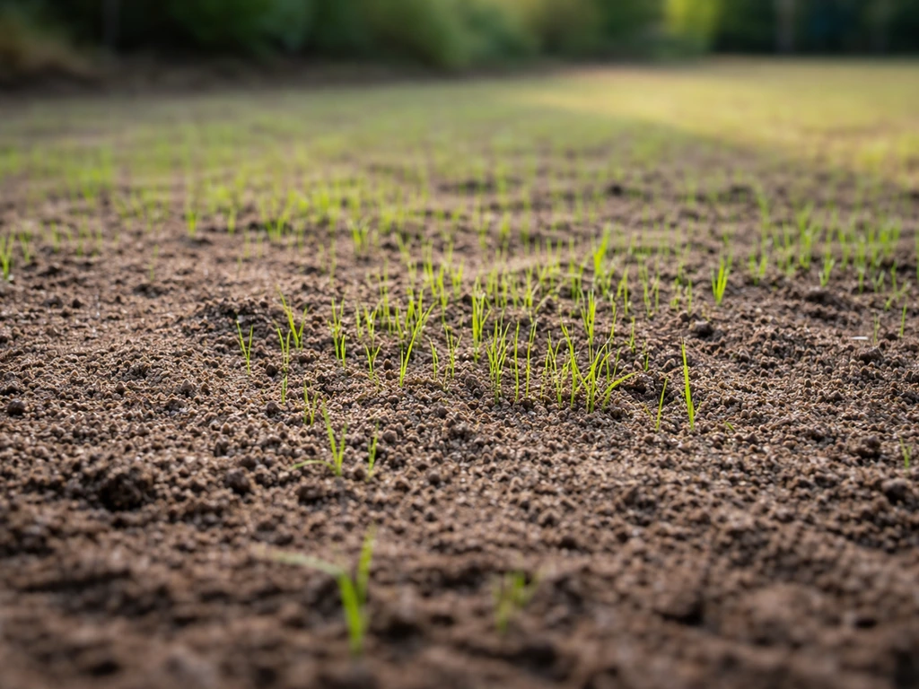 Vers ingezaaid gazon met beginnende spruiten en eerste groene waas, dicht op de grond bij daglicht