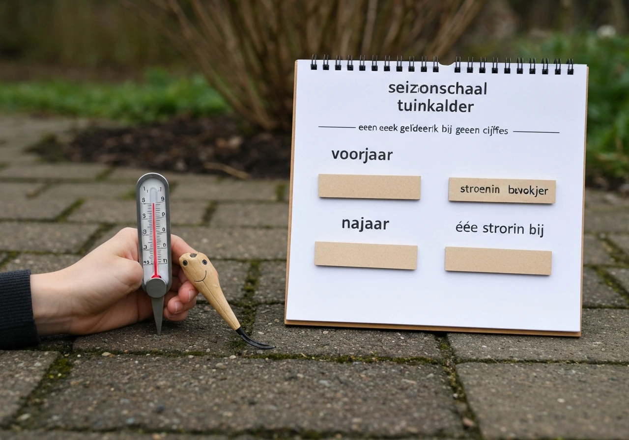 Handschep en bodembedtemperatuur in de grond, met een eenvoudige tuinkalender met twee gemarkeerde seizoensperiodes.