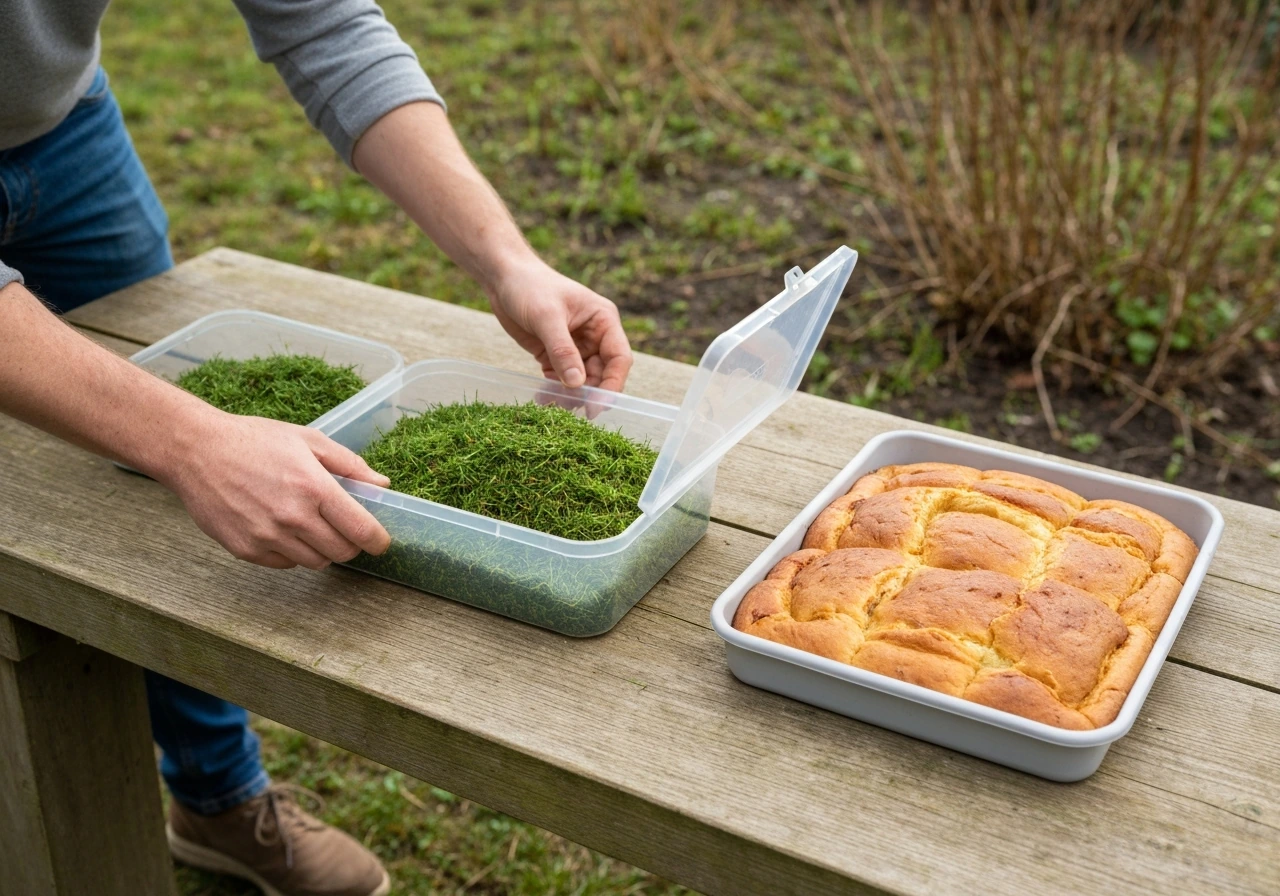 Weegschaal met graszaad naast een afgebakend stukje grond en meetlint in een net omgespitte tuin