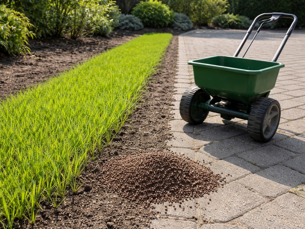 Nieuw ingezaaid gras in een tuin, met startmeststofkorrels en een strooiwagen naast de grasstrook.