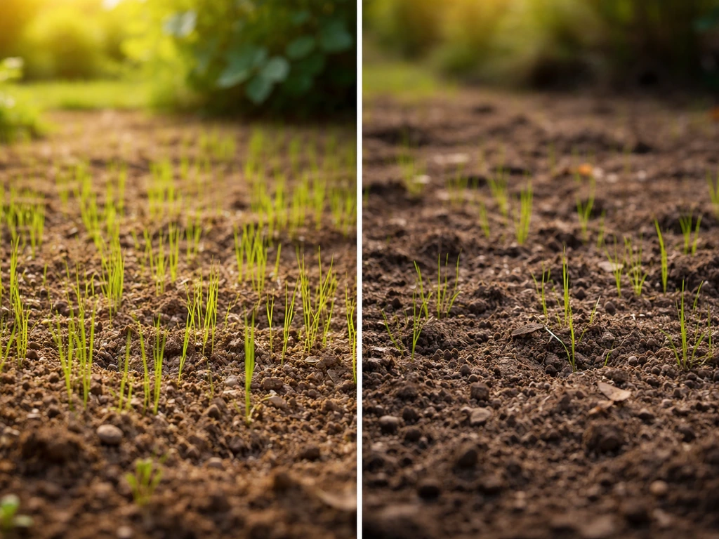Links voorjaar met verse graszaailingen op opgewarmde grond, rechts najaar met prille grassprieten op koelere bodem.
