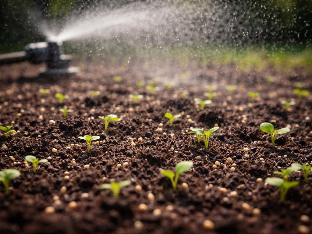 Fijne beregeningsnevel over ingezaaide grond met zichtbare kiemplantjes, zodat de toplaag vochtig blijft.