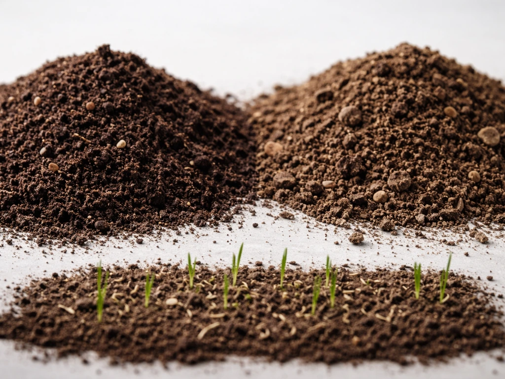 Vergelijk close-up van potgrond en tuinaarde naast een klein ingezaaid grasstukje.