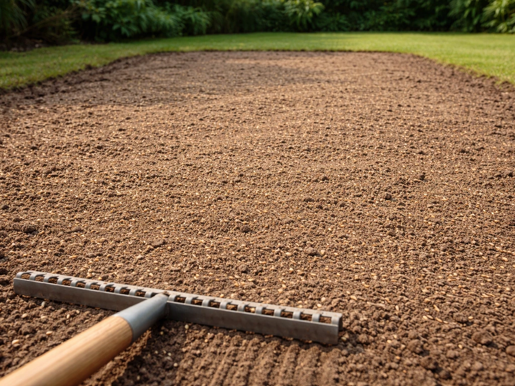 Dun laagje tuinaarde op zichtbaar graszaad, licht aangharkt/afstrijken op een zaaibed in de tuin.