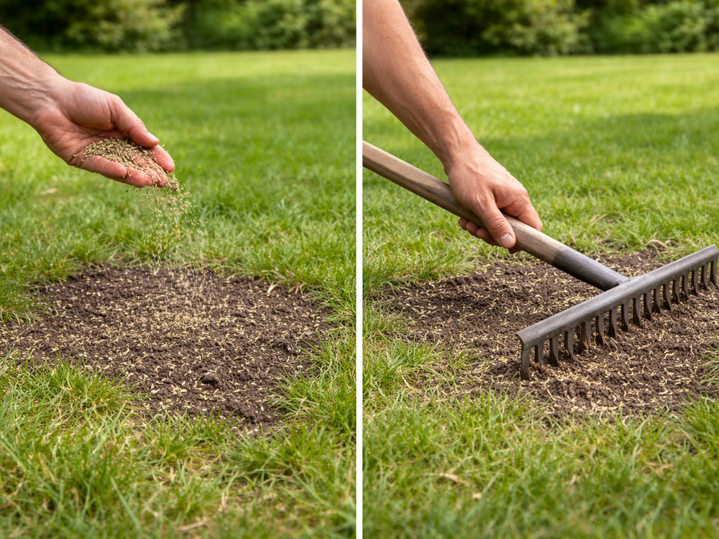 Nederlands gazon met kale plekken; handen strooien graszaad en werken het in met een hark.