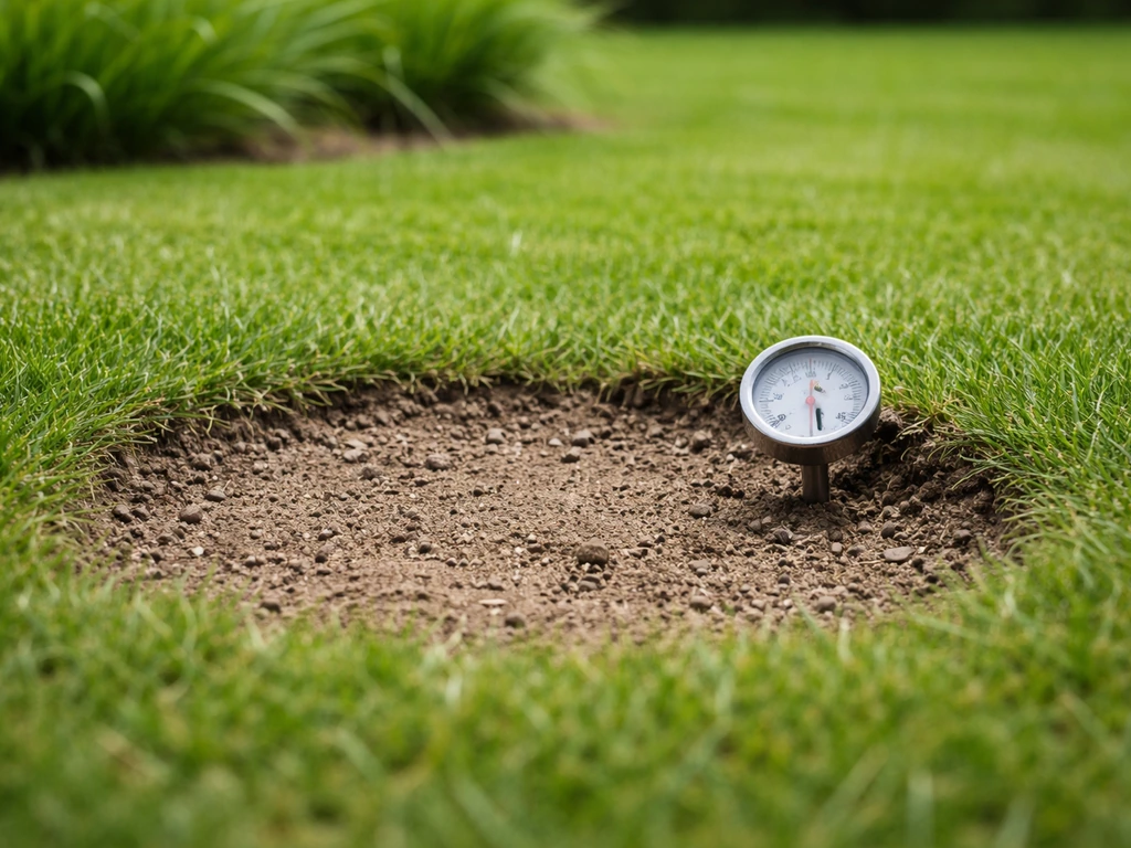 Thermometer in de grond bij een kale plek in het gazon, voorjaar met groene scheuten op achtergrond