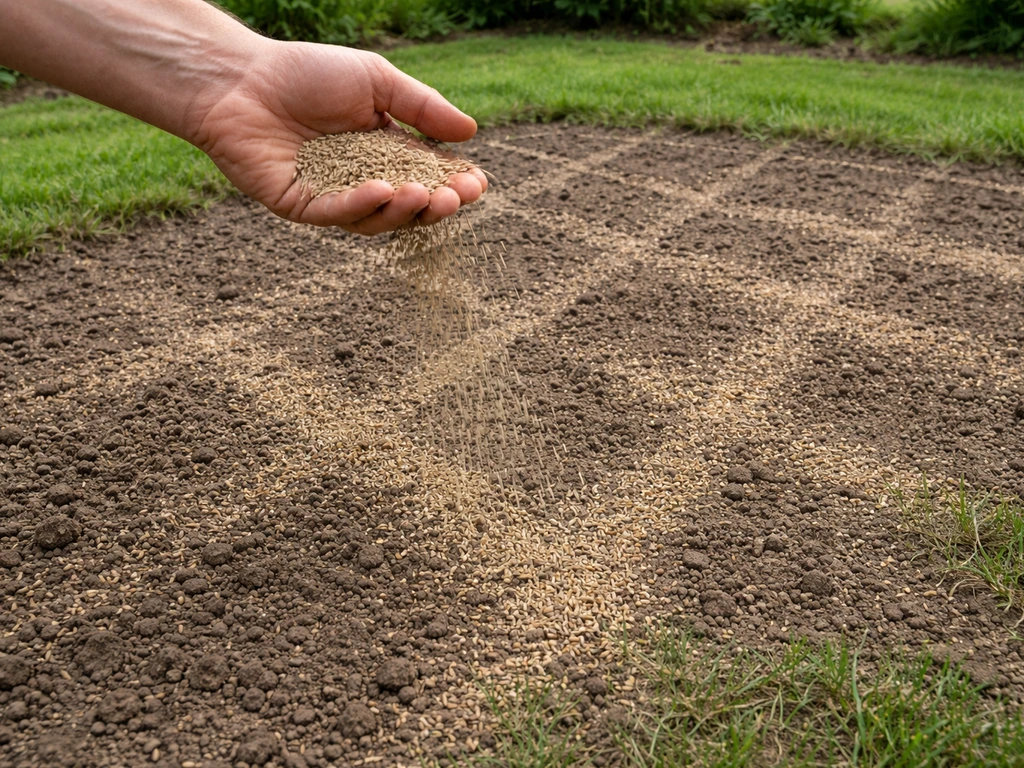 Hand met graszaad die over een kale strook wordt gestrooid, met zicht op een egale verdeling in twee richtingen.