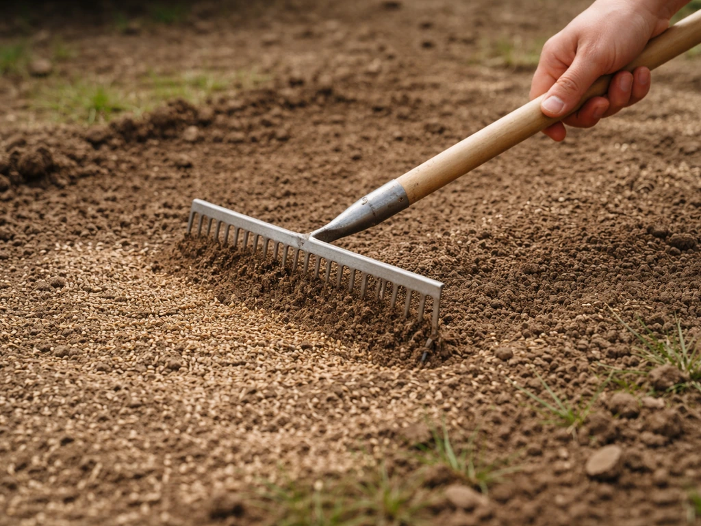 Hand en fijngetande hark die vers ingehaakt graszaad licht afdekken tot ca. 5–10 mm diepte
