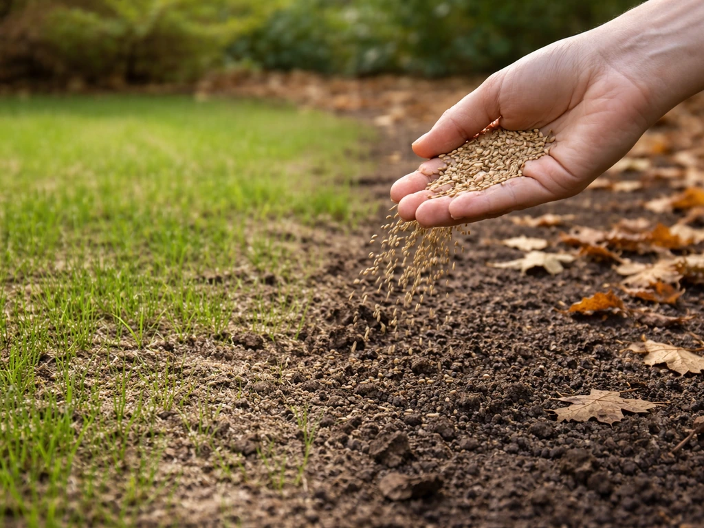 Hand die graszaad inzaait, links frisse lentebodem en rechts donkerdere herfstgrond met bladeren.